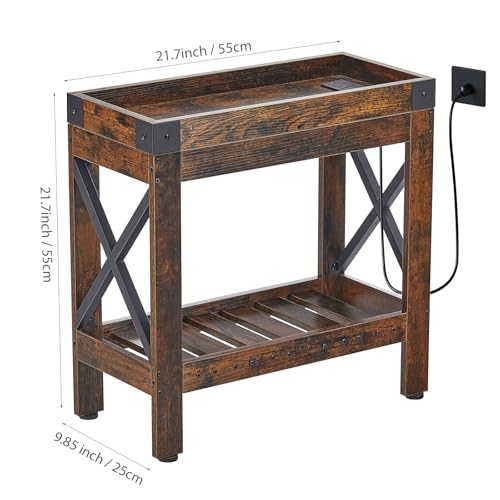 Rustic Brown Narrow End Table with Outlets & USB Charging - Industrial Style, 21.7"