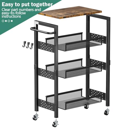 Vivihomety 4-Tier Metal & Wood Slim Rolling Laundry Cart - Black, 8.1 Inch Wide