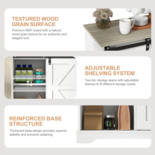 Sliding Barn Door Buffet Sideboard Storage Cabinet - White with Nature Top - Farmhouse Style