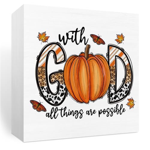 Fall Decor With God All Things Are Possible Christian Pumpkin Western Bible Verse Wooden Box Sign Positive Leopard Farmhouse Desk Decoration Rustic Thanksgiving Harvest Autumn Leaves Decor for Home Office