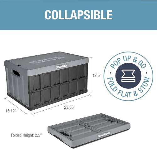 CleverMade Collapsible Storage Bins with Lids 62L Stone 3 Pack - Heavy-Duty Plastic Organizers