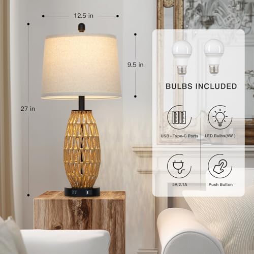 CINSARY 27-Inch Rattan Table Lamps Set of 2 - Boho Bedside & Living Room Decor with USB Charging Ports