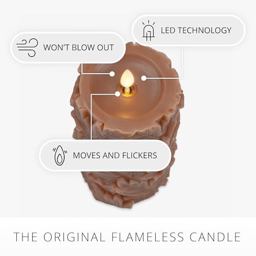 Caramel Cafe Flameless Pillar Candle 3.5x6.5 Inch Embossed Leaves Autumn Decor with Timer