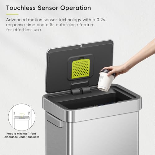 50L Touchless Motion Sensor Trash Can - Stainless Steel, Matte Finish