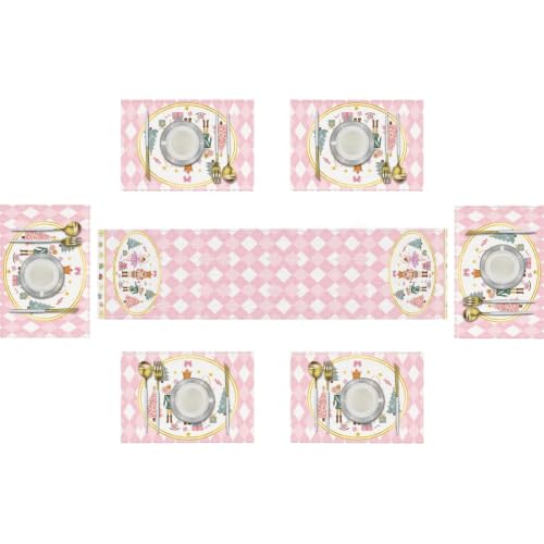 Emvency Christmas Pink Nutcracker Table Runner & Placemats Set of 6