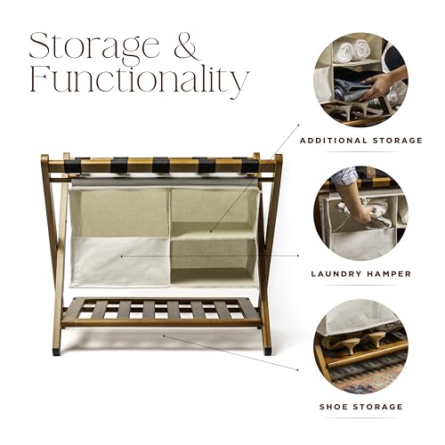 DomeNest Walnut Bamboo Folding Luggage Rack with Storage Shelf & Laundry Bag