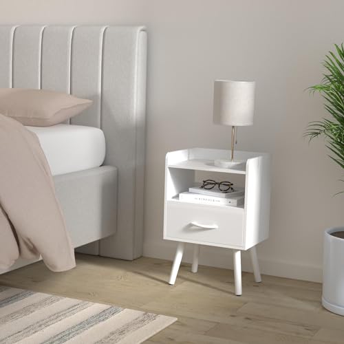 Yoobure White Modern Nightstand with Drawer & Open Shelf, 2-Tier Bedside Table