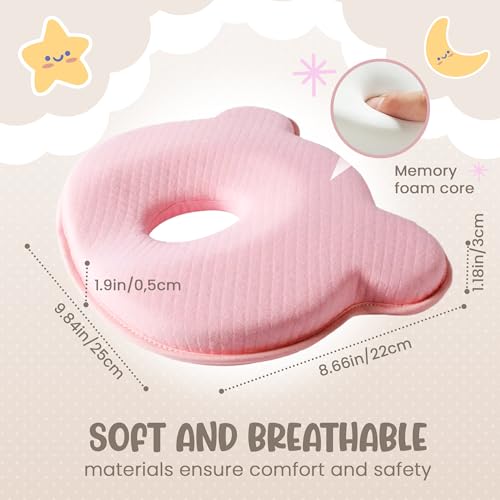 Pink Baby Pillow with Memory Foam & Bear Design - Breathable & Supportive for Infants (Pink)