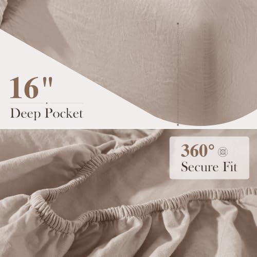 LBRO2M 100% French Organic Linen Fitted Sheet King Up to 16" Deep Pocket - Natural Breathable Bedding