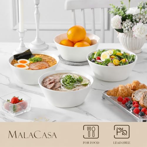 Large Salad Soup Bowls Set of 4 - 60oz White Ceramic Bowls, Family Serving