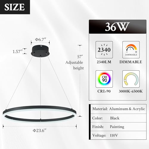Black 24in Dimmable LED Pendant Light Ring Chandelier for Living Room & Dining