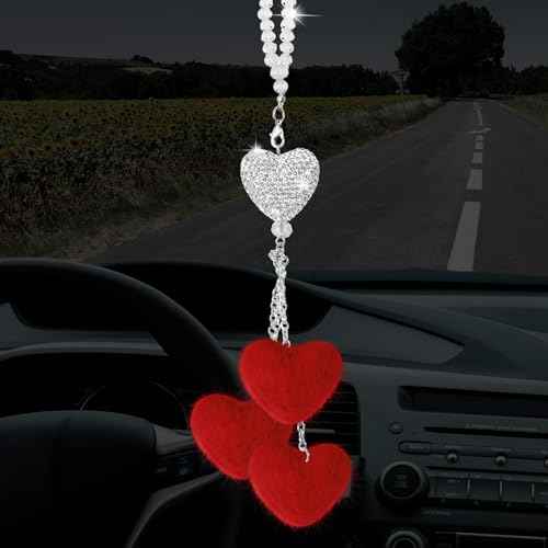 Frienda Bling Car Rear View Mirror Accessories for Women Diamond Heart Charm Fuzzy Dice Car Accessories Crystal Mirror Hanging Ornament Christmas Valentine Gifts Interior Lucky Decoration(Red)