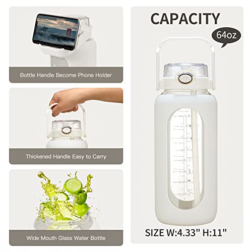 64oz Glass Water Bottle with Straw & Handle - White - Motivational Time Marker