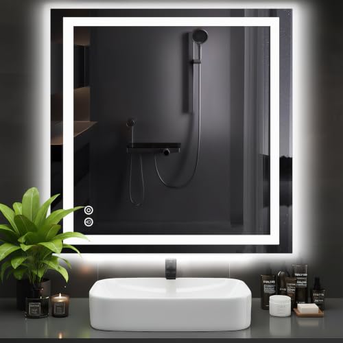 36x36 Inch LED Bathroom Mirror - Anti-Fog Rectangular Vanity Mirror with Touch Dimming, Color Temp & Memory - White
