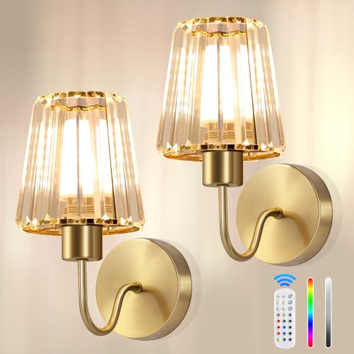 Wireless Wall Sconces Set of 2 with Remote Control - Gold Modern Wall Decor