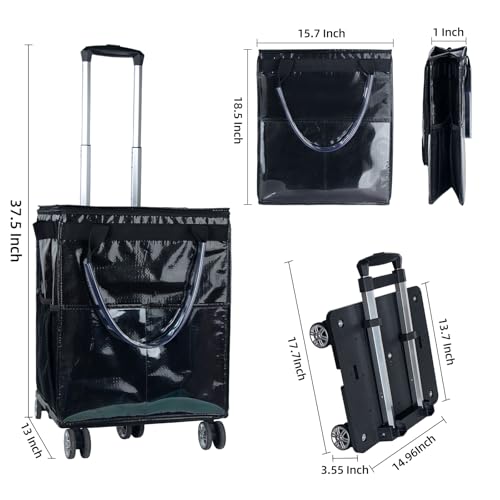 Wloskance Reusable Grocery Bags on Wheels - Black Rolling Tote, 40 lbs Capacity