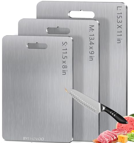 BYEHOVOO Silver Titanium Cutting Board Set of 3 – Large, Medium, Small Double-Sided Food Grade Kitchen Chopping Boards