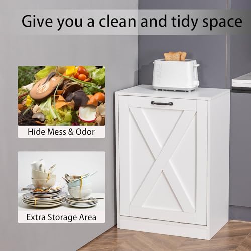 White 13 Gallon Tilt-Out Trash Can Cabinet - Wooden Kitchen Waste Bin & Recycling Storage