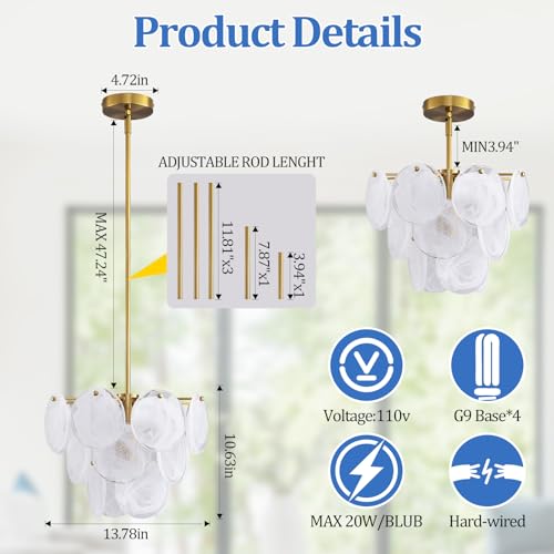 Giawosth Modern Gold Glass Chandelier 13.8 Inch 4-Light Crystal Ceiling Pendant