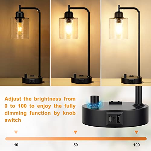 Innqoo Seeded Glass Industrial Desk Lamp with Dimmable Feature, USB-C & Outlet, Black - Vintage Bedside Lighting