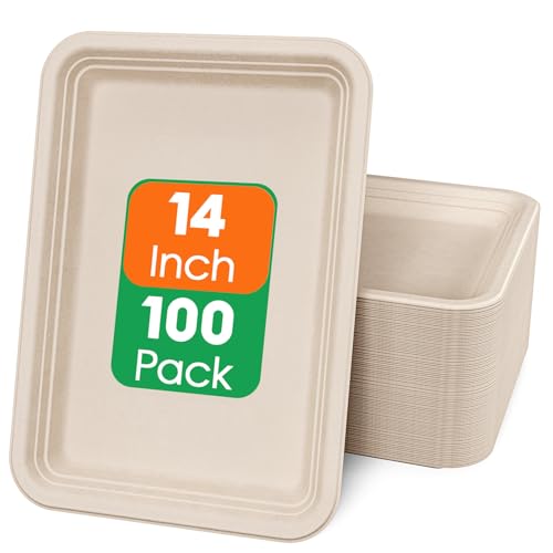 ECOLipak Nature-100pack Compostable 14-Inch Food Trays for Seafood & Large Meals