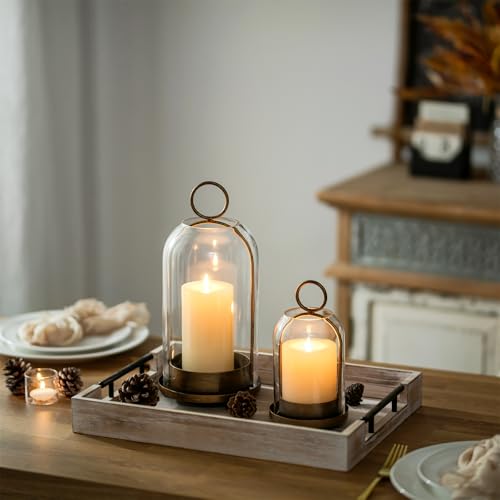 Hurricane Candle Holder Lantern Set of 2 - Rustic Metal and Glass Decor