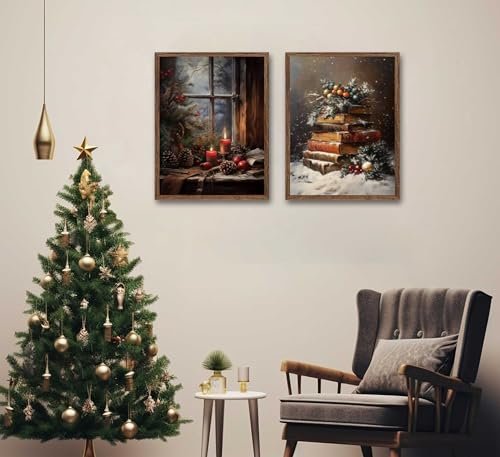 Paint by Number Set 2Pcs Christmas Snow Covered Book Stack & Cozy Window Nook 16x20in - Unframed