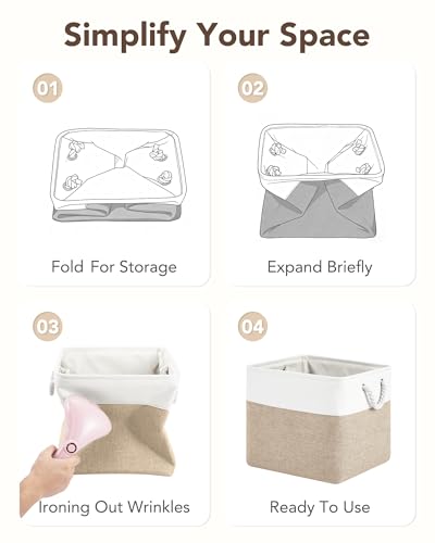 White Khaki 13x15x13 Inch Storage Bins with Cotton Rope Handles 6-Pack