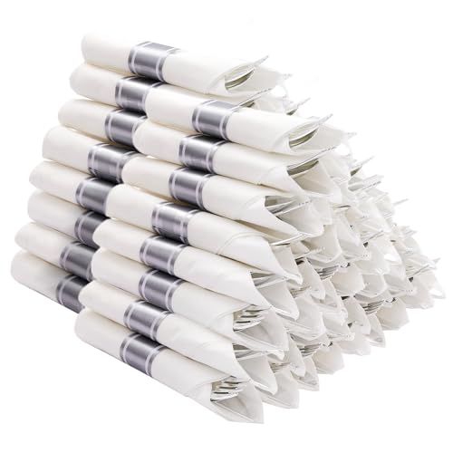 400-Piece Silver Disposable Cutlery Set with Napkins - Heavy Duty & Pre-Rolled for Parties