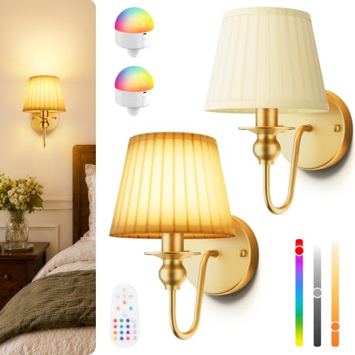 6000mAh Battery Operated Wall Sconces Set of 2 - Gold - No Wiring, Dimmable RGB Mood Lighting