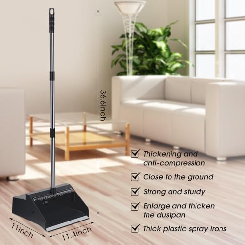 Dust Pan Set with Long Handle - 4 Black Heavy-Duty Plastic Bins & Comb Stand