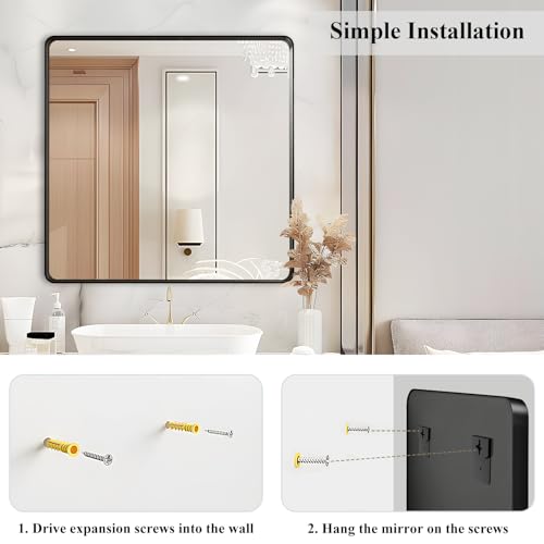 36x36 Black Bathroom Vanity Mirror Over Sink - Wall Square Mirror with Explosion-Proof Film