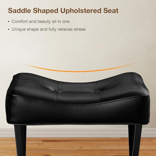 Small Black Leather Vanity Stool Chair - 18-Inch Elegant Saddle Seat