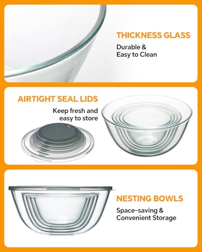 Glass Mixing Bowls with Lids Set of 5 - Transparent - Nesting Kitchen Bowls for Baking Cooking Storage