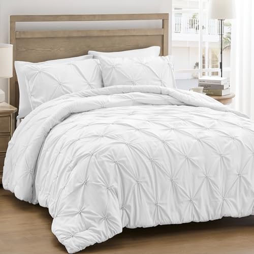King Size White Comforter Set - Ultra Soft Boho Pintuck Bedding 3 Pieces - All Seasons Variation 01 White King 104x92