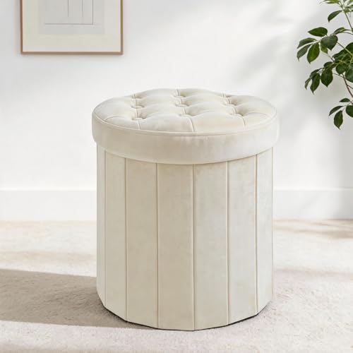 Beige Velvet Storage Ottoman with Hidden Storage - Foldable Vanity Stool