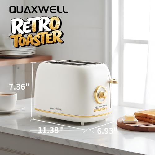 2 Slice Toaster Wide Slot Stainless Steel Matte White & Gold - Retro Kitchen Appliance