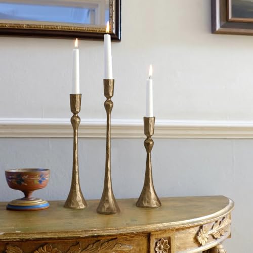 Vintage Cast Iron Taper Candle Holder Set - Antique Brass, 3 Sizes