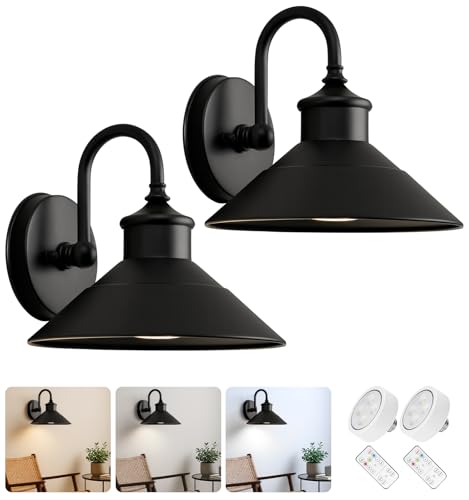 Battery Operated Wall Sconces Set of 2 - 9.5 Inch, 3 CCT Modes, Dimmable, Remote Control, Vintage Black