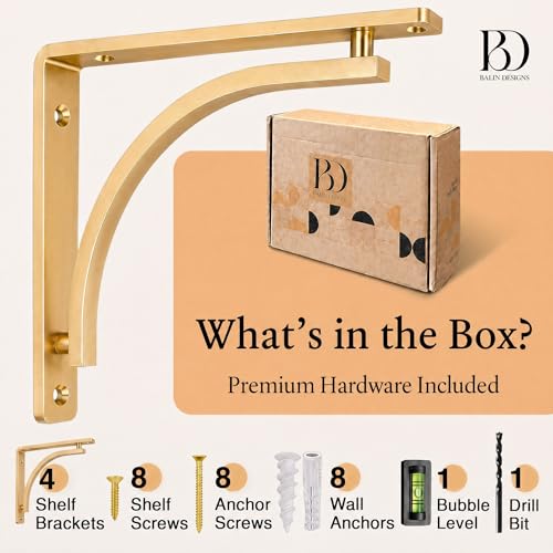 Gold 10 Inch Heavy Duty Shelf Brackets Set of 4 - Wall Mount Support for Shelving