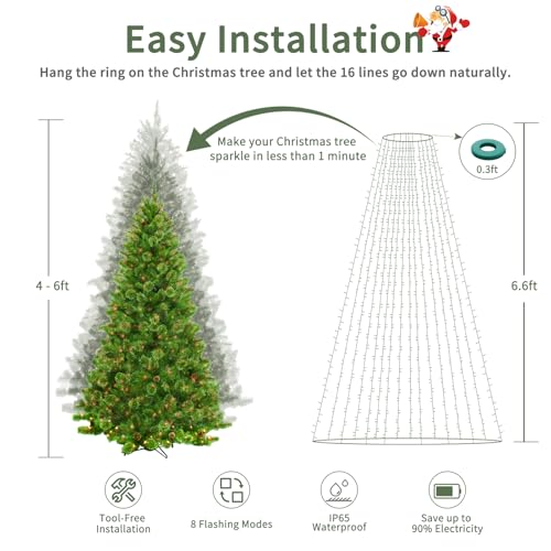 VIL 6.6ft Warm White Christmas Tree Lights with Ring - 8-Mode Dimmable Waterfall String 280 LEDs