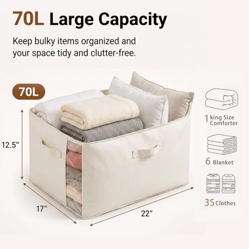 TomVista 3-Pack Beige Cotton Canvas Storage Bags 70L with Clear Window - Space-Saving Closet Organizer