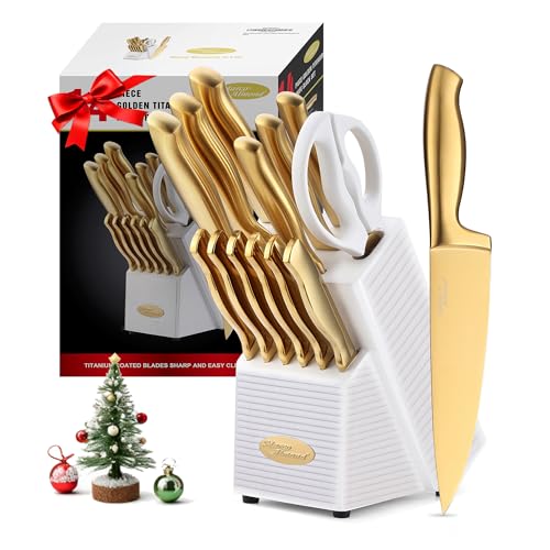 Marco Almond Gold Knife Set with White Knife Block, 14-Piece Titanium-Coated Kitchen Knives