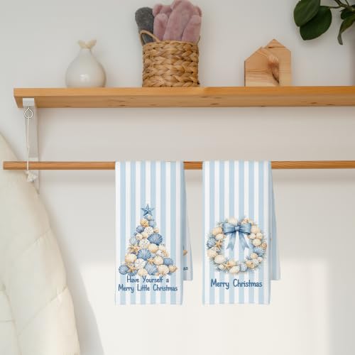 Blue Coastal Shell Christmas Kitchen Towels 16x24 Set of 2 - Color 01
