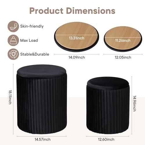 DUMOS Deep Black 14.57''D x 18.11''H Round Storage Ottoman Set of 2 - Vanity & Foot Stool