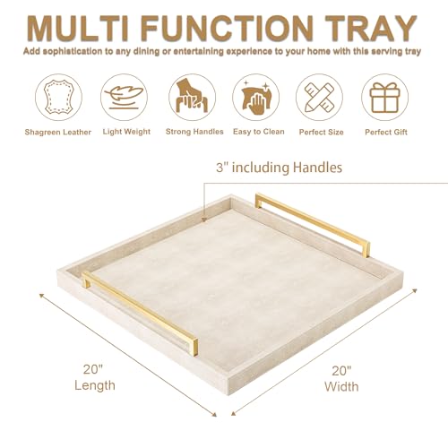 XIGEXIGE Ivory 20x20in Large Shagreen Leather Ottoman Tray with Gold Handles