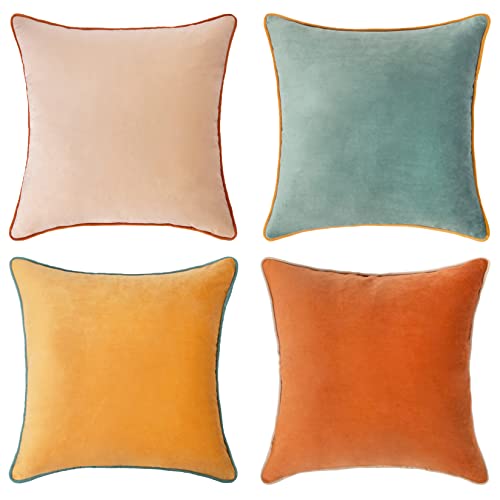 Decorative Velvet Throw Pillow Covers Set of 4 - 18x18 Inch, Orange/Teal/Yellow - Mix & Match Home Decor