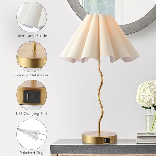 EOEYYOYB Gold Pleated Table Lamp for Bedroom & Home Office, Linen Shade, Modern Nightstand Light