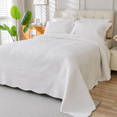 White Oversized King Cotton Quilt Set 128x120 Super King Bedding 3 Pieces