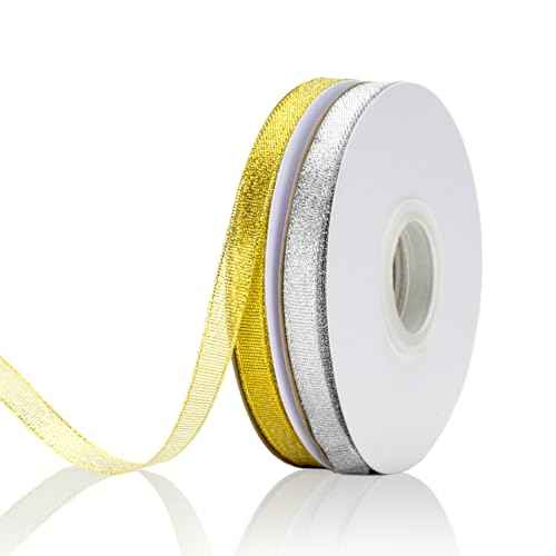 Gold and Silver Glitter Ribbon 3/8 Inch 100 Yards Thin Sparkly Fabric for Gift Wrapping, Presents, Crafts, Christmas Holiday Wedding Birthday Party Decoration